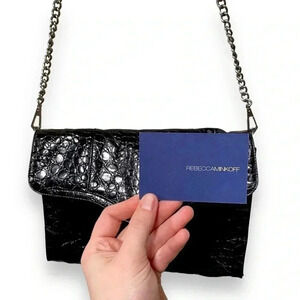 Rebecca Minkoff Black Leather Croc Embossed Silver Chain Crossbody Bag Purse